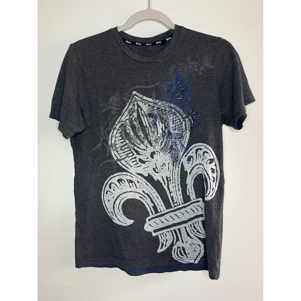 Guess Charcoal Graphic Short Sleeve T-Shirt Womens Small Gray Fleur De Lis